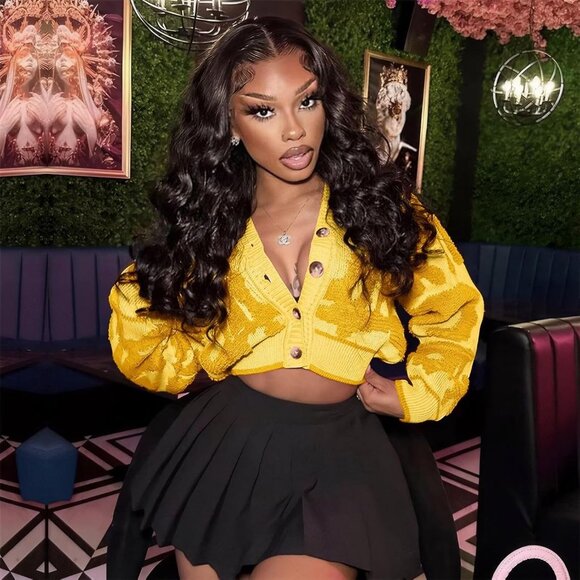 Women's Fashion Button Down Cardigan Sweaters Fall Slim Crop Knit Typed-Yellow - Picture 5 of 5